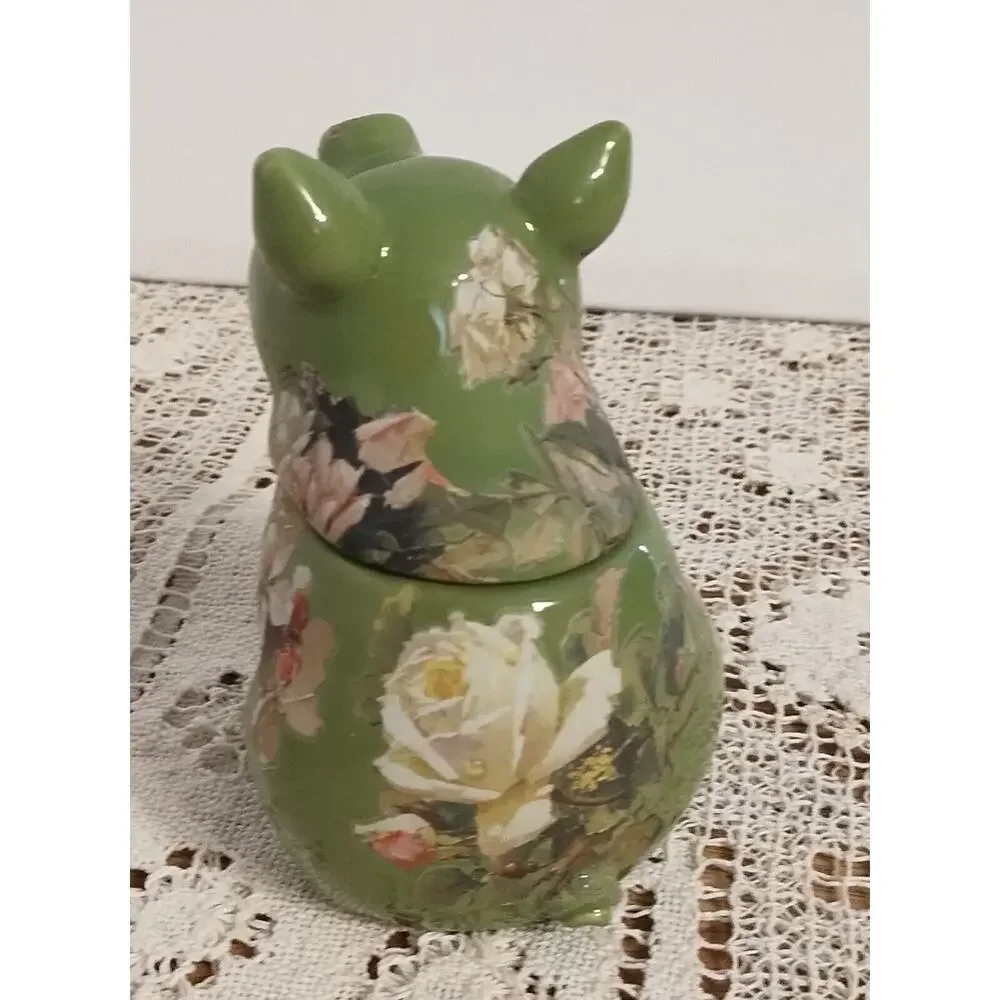 Small Green Ceramic Pig Shaped Jar w/Lid Floral Transfers Added Gently Hand Wipe